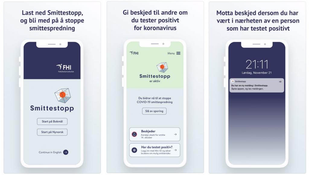Skjermbilder fra appen smittestopp