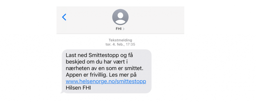SMS fra FHI med teksten "Last ned SMittestopp og få beskjed om du har vært i nærheten av en som er smittet. Appen er frivilling, Les mer på helsenorge.no/smittestopp"