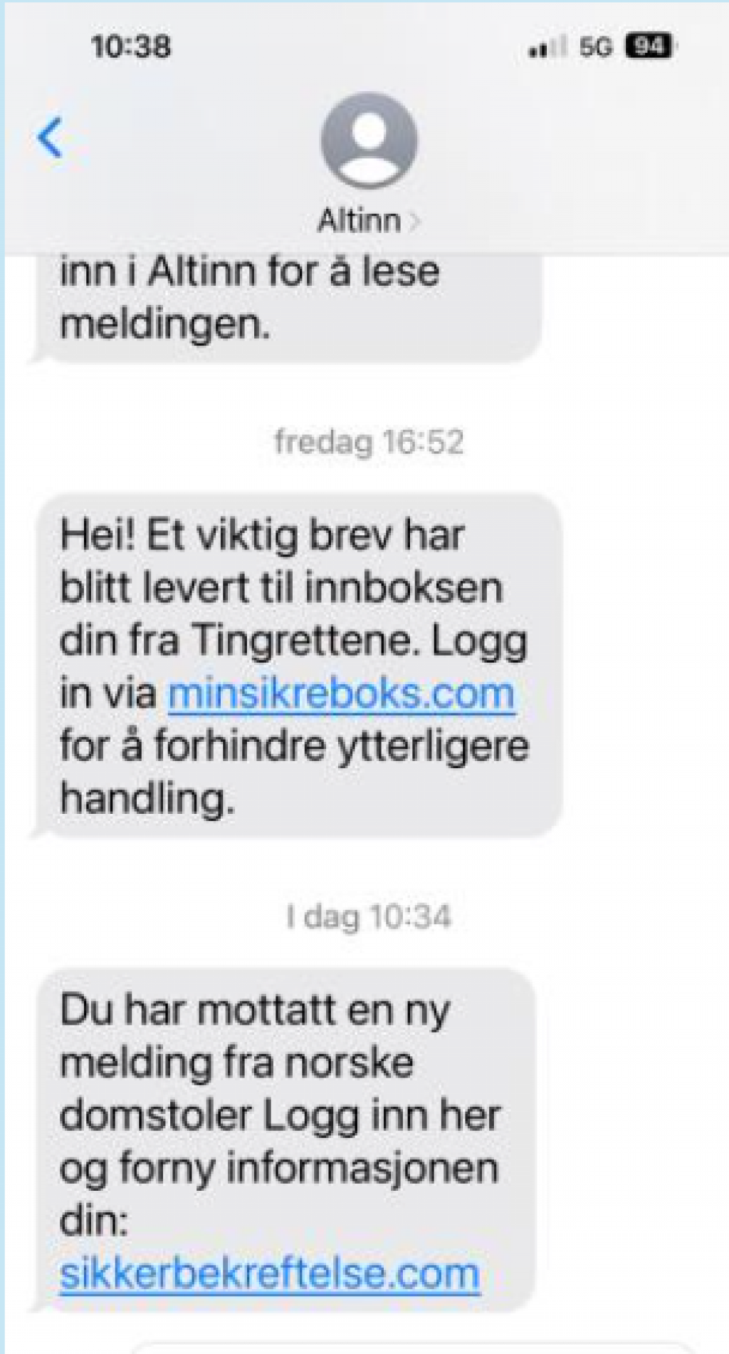 Eksempel på svindel per SMS.