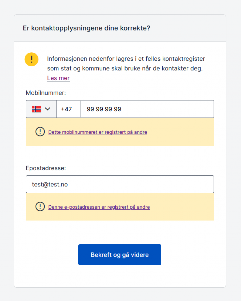 Varsel om duplikat kontaktinformasjon i KRR