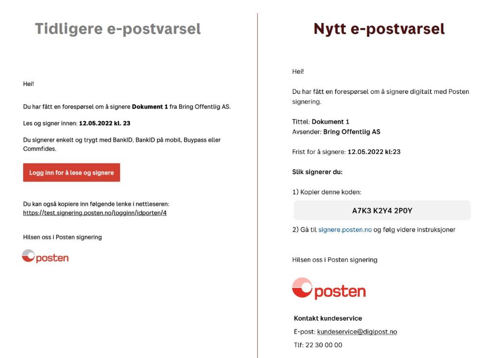 Slik ser endringene i varsel på e-post for eSignering ut