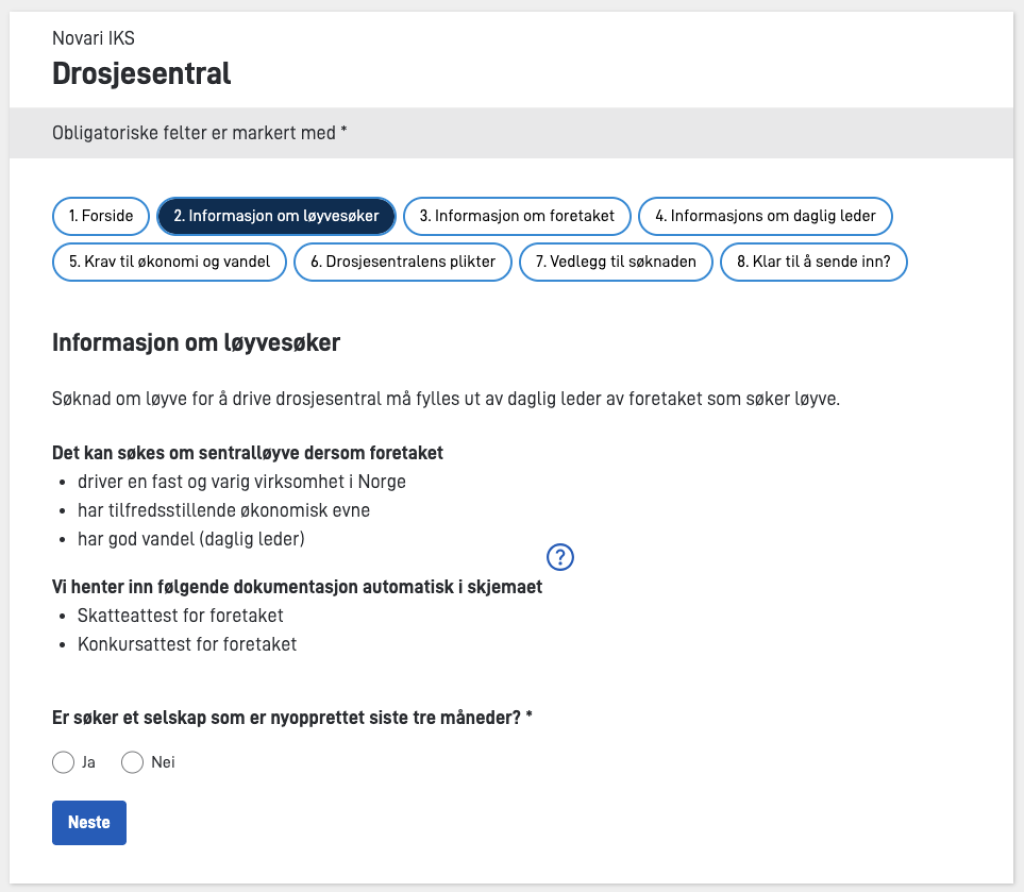 Skjema for søknad om å drive drosjesentral
