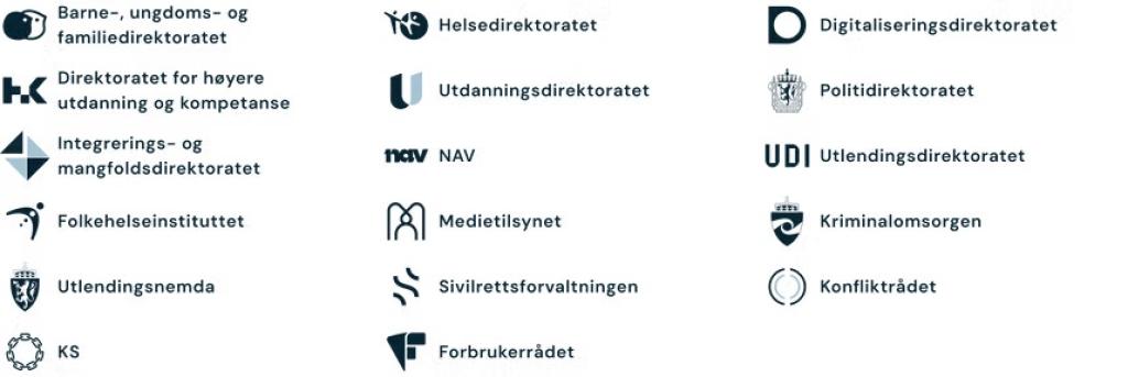 Ei samling med logoar frå fleire norske offentlege etatar: Barne-, ungdoms- og familiedirektoratet, Helsedirektoratet, Digitaliseringsdirektoratet, Direktoratet for høgare utdanning og kompetanse, Utdanningsdirektoratet, Politidirektoratet, Integrerings- og mangfaldsdirektoratet, NAV, Utlendingsdirektoratet (UDI), Folkehelseinstituttet, Medietilsynet, Kriminalomsorga, Utlendingsnemnda, Sivilrettsforvaltninga, Konfliktrådet, KS og Forbrukarrådet.