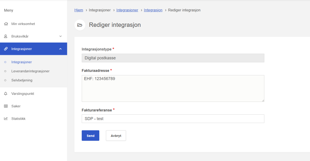 Bildet viser endring av fakturainformasjon