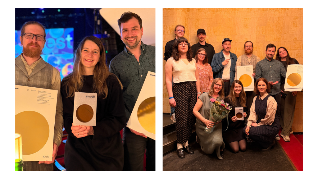 Samansett bilete frå Visuelt 2026. Til venstre står Roy Halvor Frimanslund frå Brønnøysundregistra saman med Marianne Røsvik og Michael Marszalek frå Digdir og held prisane Designsystemet fekk under utdelinga. Til høgre er ei større gruppe med bidragsytarar til Designsystemet samla etter prisutdelinga.
