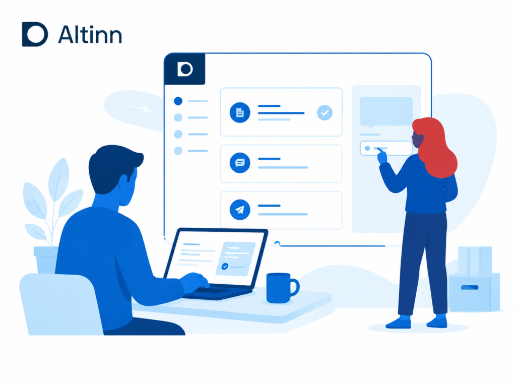 Illustrasjon av to personer som arbeider med en digital Altinn-løsning på skjerm.